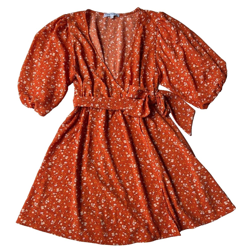 Velvet Touch Dress Women S Orange Cream Floral Mini Cottagecore Romantic USA NEW